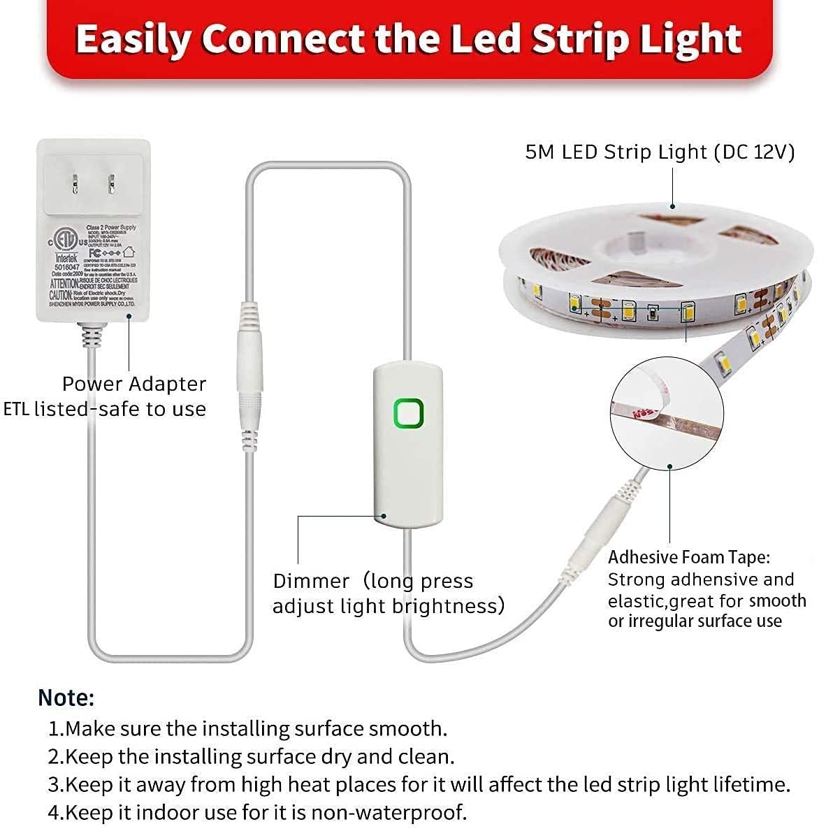 MY BEAUTY LIGHT LED Strip Lights Warm White, 16.4ft Dimmable LED Light Strip,12v Flexible LED Rope Lights Kits for Kitchen Cabinet Bedroom Party Decor