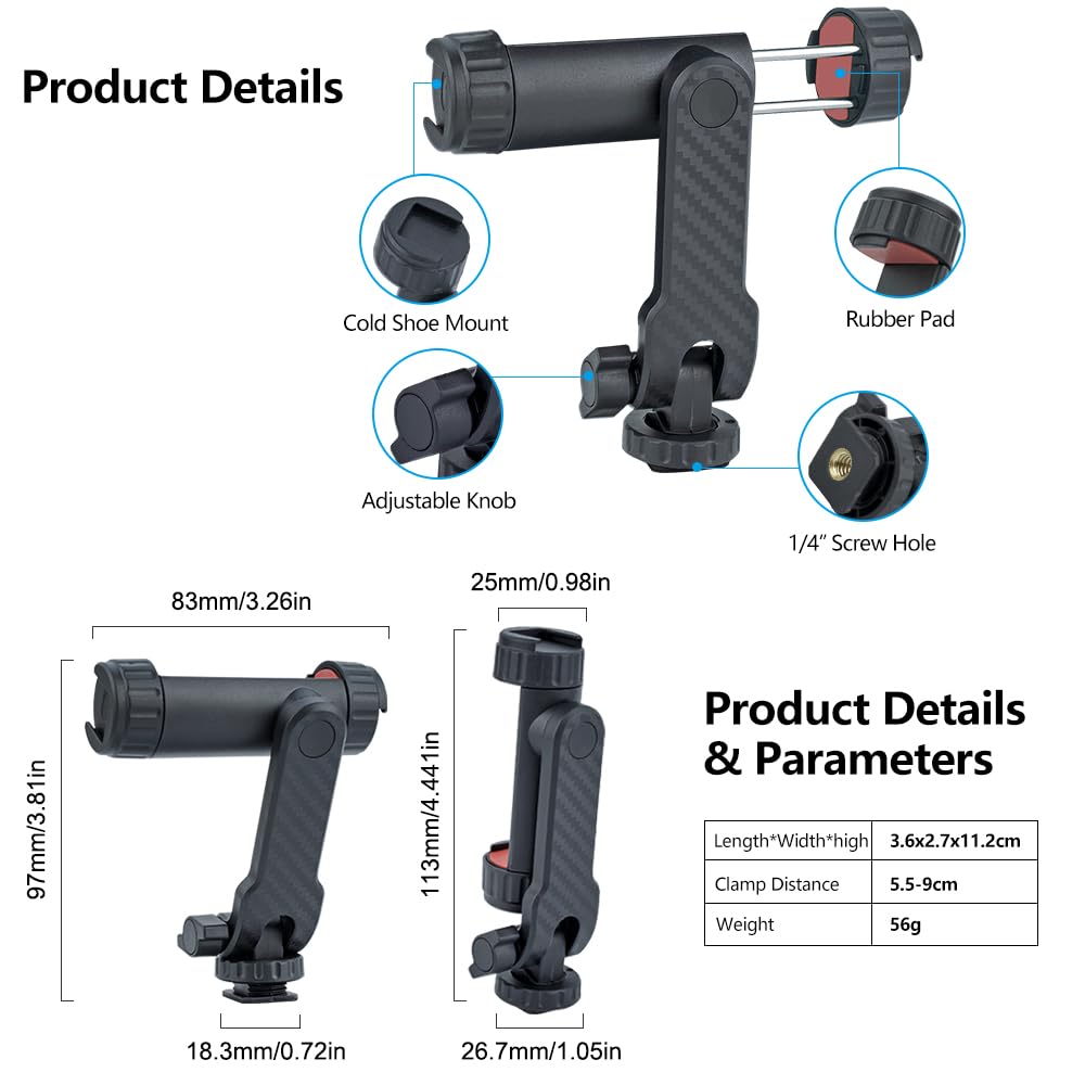 Dual Cold Shoe Phone Mount Holder - Universal Adjustable Smartphone Clamp with Dual Cold Shoe Mounts for Microphone & LED Light, 360° Rotating Ball