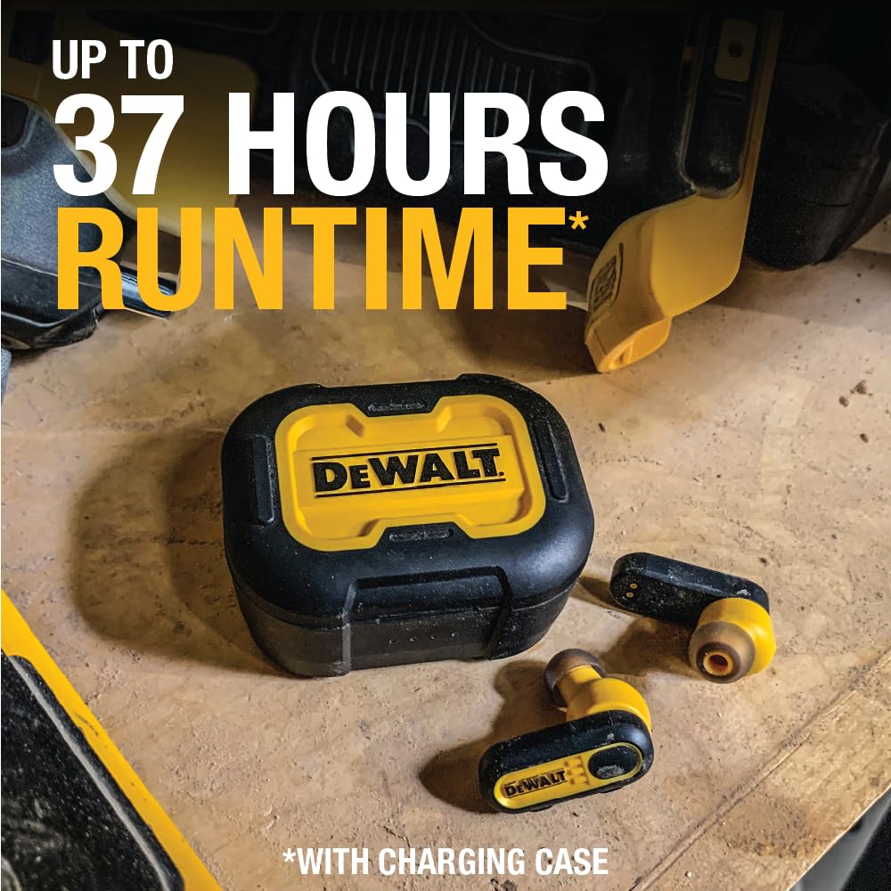 DEWALT Heavy Duty True Wireless Ear Buds, Bluetooth Headphones with Type C Charging Case Included, Over 37 Hours of Battery Life, Easy Setup