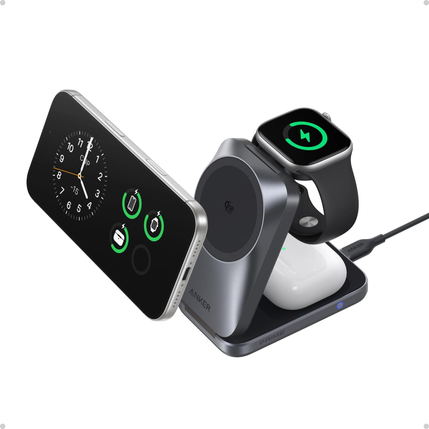 Anker Prime Foldable MagSafe Charger, 25W Qi2.2-Certified Palm-Sized Travel-Ready 3-in-1 Charging Station, AirCool Wireless Charger, for iPhone 17