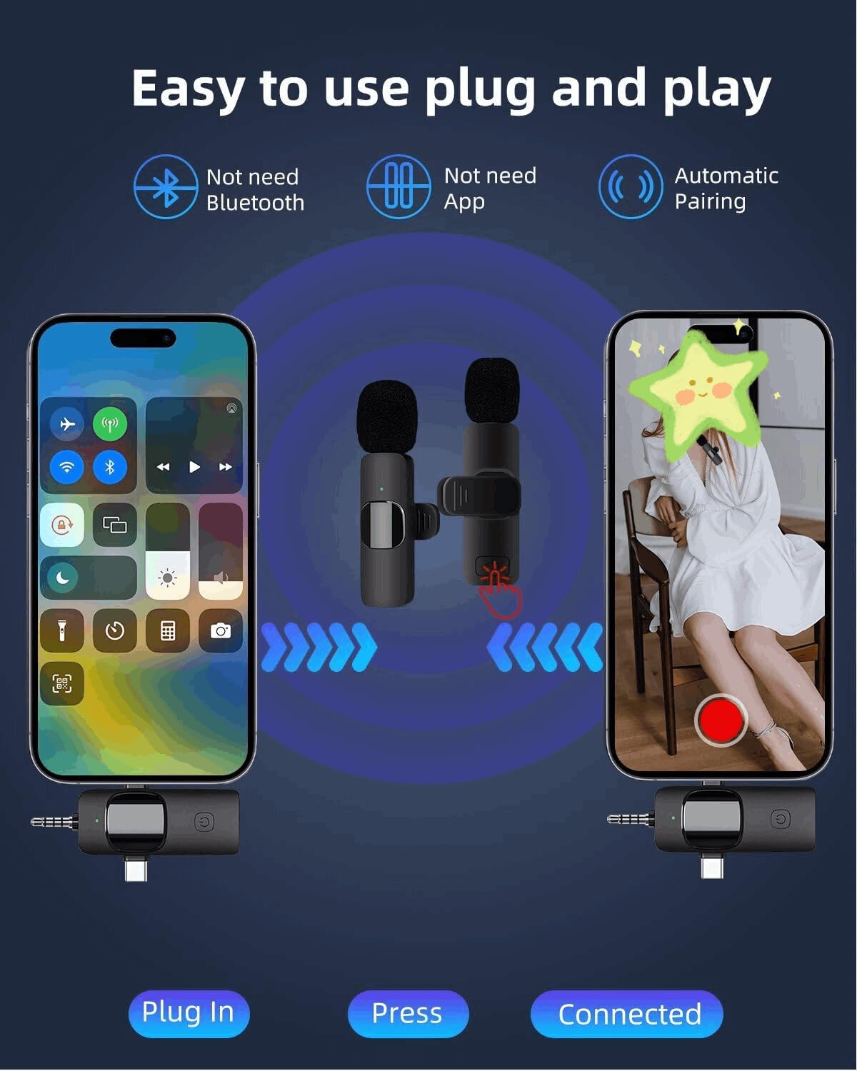AMOOX Wireless Lavalier Microphone for iPhone Camera Live Streaming, Vlogging, Cordless Omnidirectional Clip Mic, Plug-Play Microphone for Interview