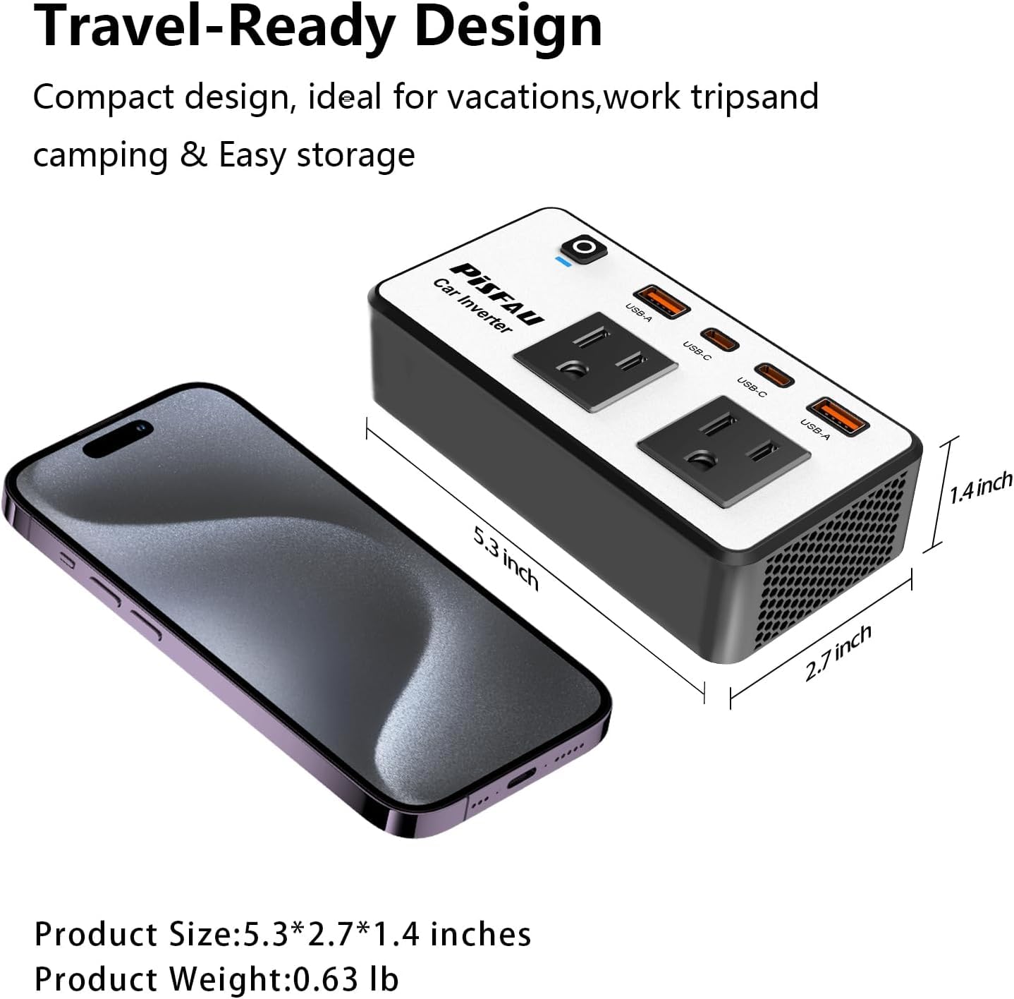 300W Car Power Inverter 12V to 110V?PiSFAU DC to AC Car Plug in Adapter Outlet with Multi USB[24W USB-C] /USB-Fast Charger(24W) Car Inverter?Car