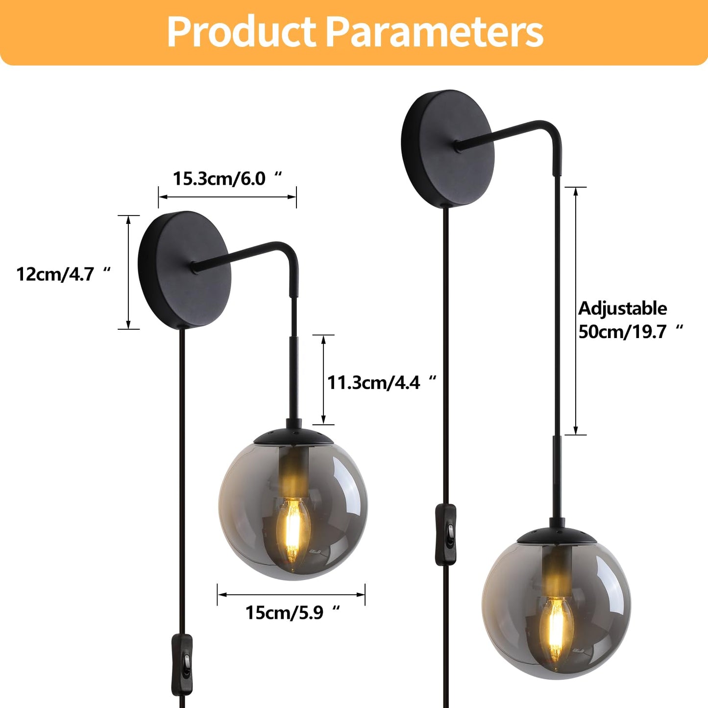 KUZZULL Wall Sconces Set of Two Matte Black Wall Lights for Bedroom Plug in Wall Sconces Set of 2 with Globe Smoke Grey Glass Shade Wall Lamp