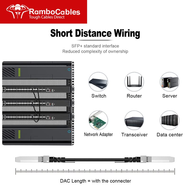 RamboCables DAC Cable, (16ft/5m) 10G SFP+ Ethernet Copper Twinax Cable, for Cisco SFP-H10GB-CU5M, Length Options: 0.3m-7m