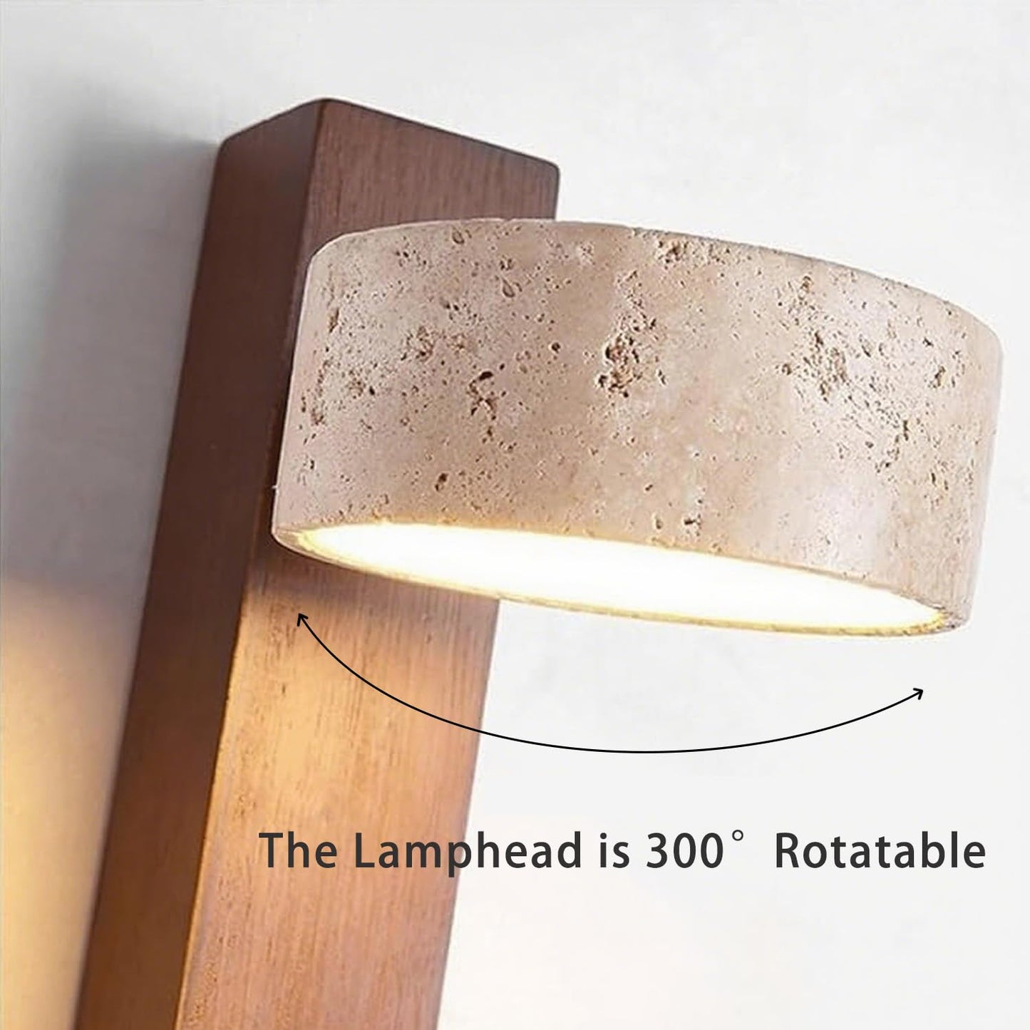 LED Wood Wall Sconce with Pull Chain Switch, Black Walnut Base with Rotatable Yellow Travertine Stone Lampshade, Built-in LED Light, Modern Rustic