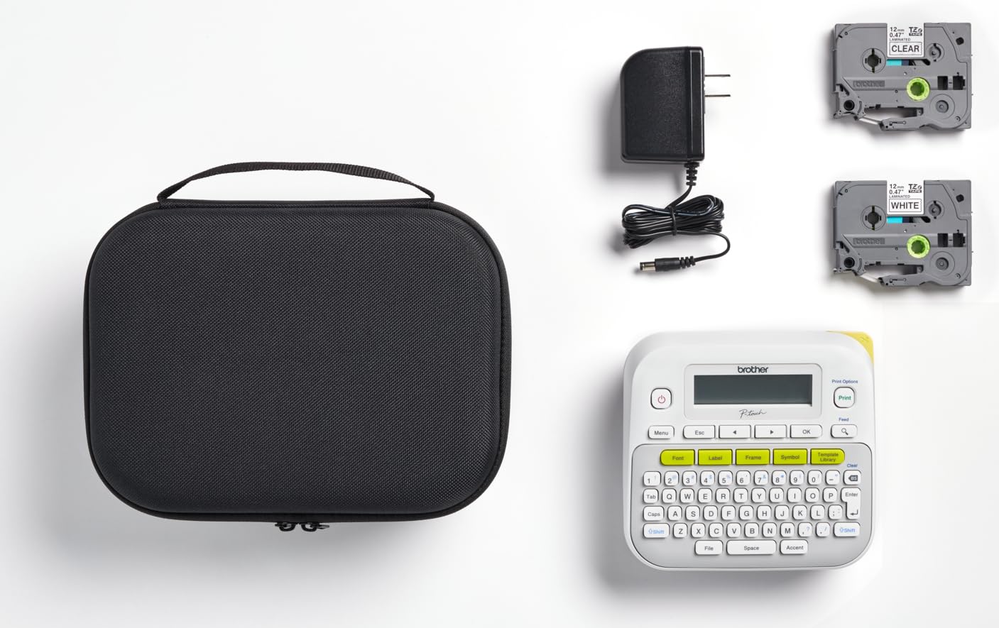 Brother PT-D210SV Monochrome Label Maker Bonus Bundle Comes with a Protective Carrying case, an Adapter, and Two Sample Genuine TZe Label Tapes