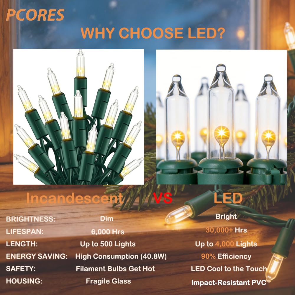 PCORES Mini Clear Christmas String Lights 52ft 200LED Warm White Outdoor String Lights, Fairy Lights Connectable Green Wire UL Certified (Includes 2