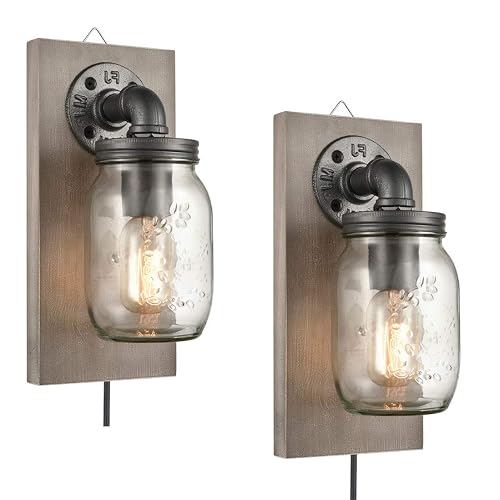 EUL Farmhouse Mason Jar Wall Sconces Hanging Wall Light, Plug-in Set of 2 2-Pack