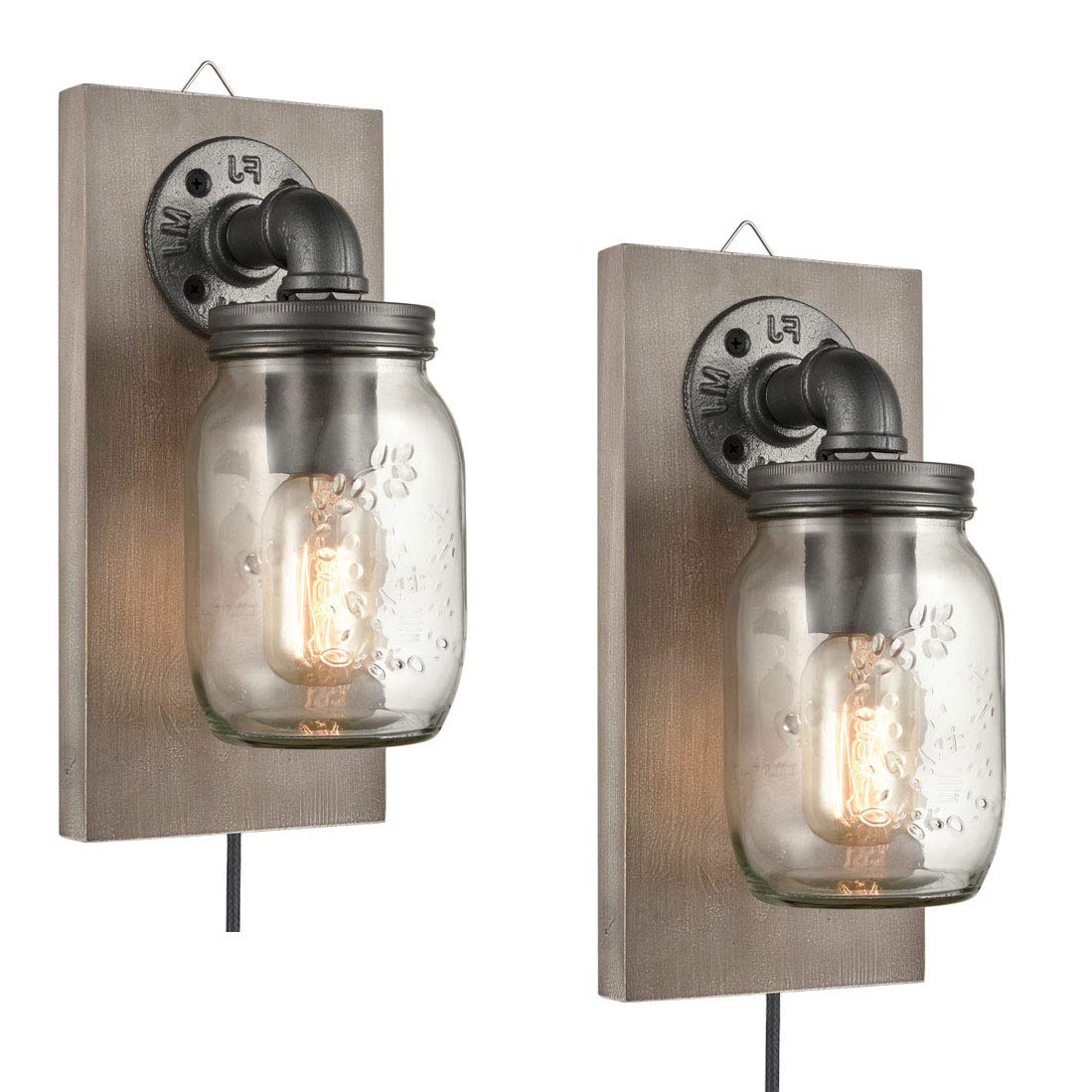 EUL Farmhouse Mason Jar Wall Sconces Hanging Wall Light, Plug-in Set of 2 2-Pack