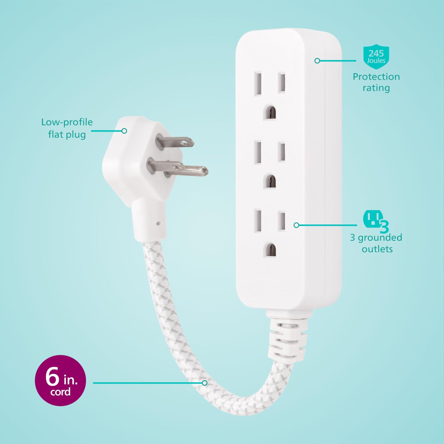 Philips 3-Outlet Grounded Mini Extension Cord with Surge Protection, 5 Inch Indoor Extension Cord, Flat Plug Power Strip, 245 Joules, Short Power