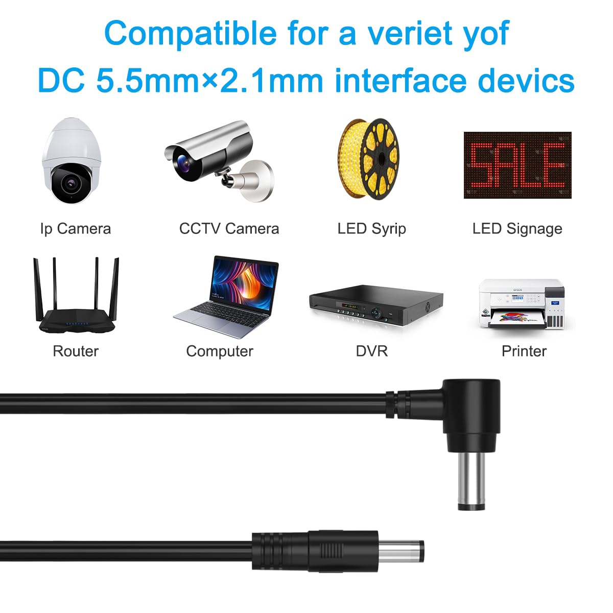 Male to Male DC Extension Cord,Surveillance Camera Cables,90 Degree 5.5mm x 2.1mm,12v DC Power Extension Cable for Security Camera,CCTV IP,5v 9v 24v