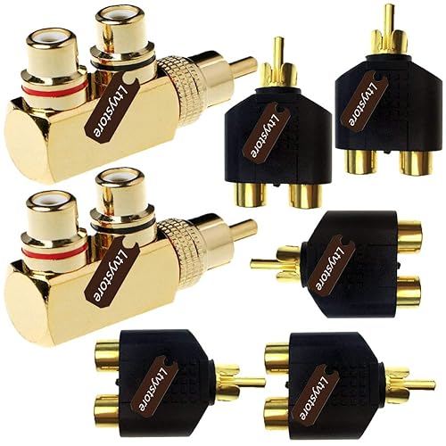 Ltvystore 2Pcs RCA Male to 2 Female Right Angle Plug Splitter Adapter Connector & 5 Pcs Audio Video Gold Male to 2 Female Coupler Adapter