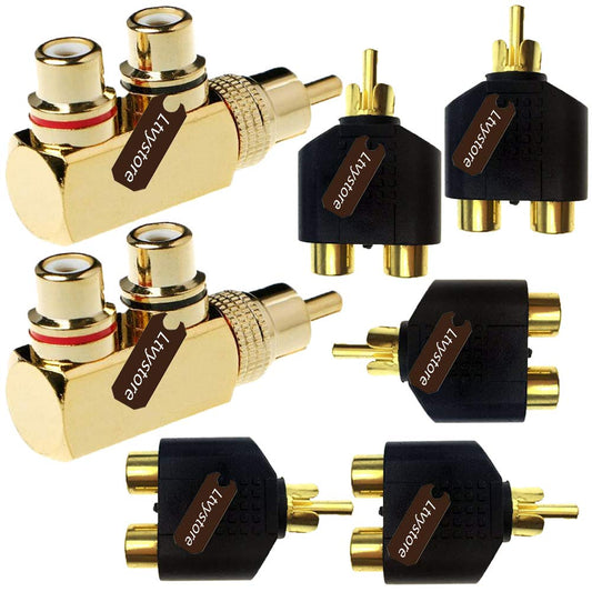 Ltvystore 2Pcs RCA Male to 2 Female Right Angle Plug Splitter Adapter Connector & 5 Pcs Audio Video Gold Male to 2 Female Coupler Adapter