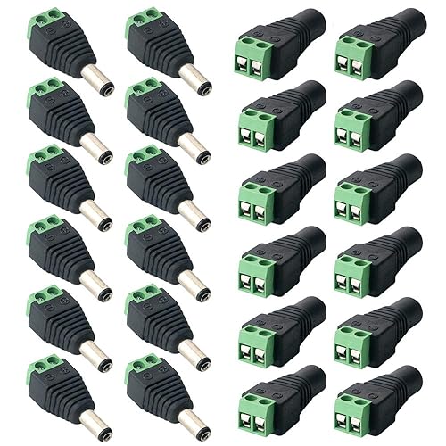 FULARR 24Pcs Professional 5.5 X 2.1mm DC Screw Terminal Plug Connector, Barrel 12V DC Power Jack Connector Adapter, 12 Pairs 2 Pin Male Plug & Female