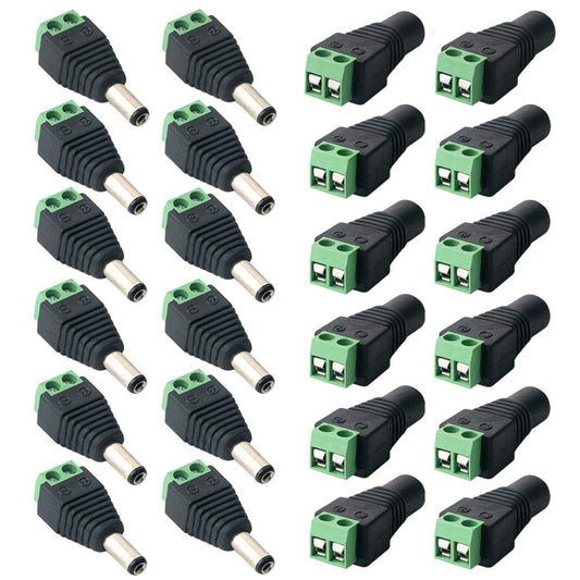 FULARR 24Pcs Professional 5.5 X 2.1mm DC Screw Terminal Plug Connector, Barrel 12V DC Power Jack Connector Adapter, 12 Pairs 2 Pin Male Plug & Female