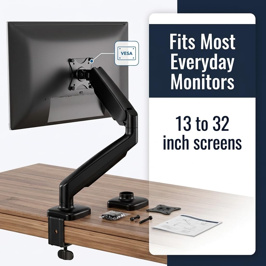 Mount-It! Single Monitor Arm Desk Mount, Gas Spring Monitor Mount, Fits 13-32" Screens up to 17.6 lbs, VESA 75x75 & 100x100, Full Motion Tilt Swivel
