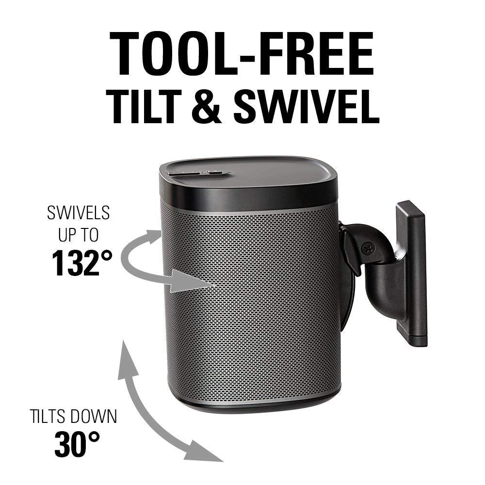 Sanus Adjustable Sonos Wall Mount for Sonos One, Play:1, & Play:3 - Tool Free Tilt & Swivel Adjustments for Best Audio - Pair (Black) - WSWM22-B1