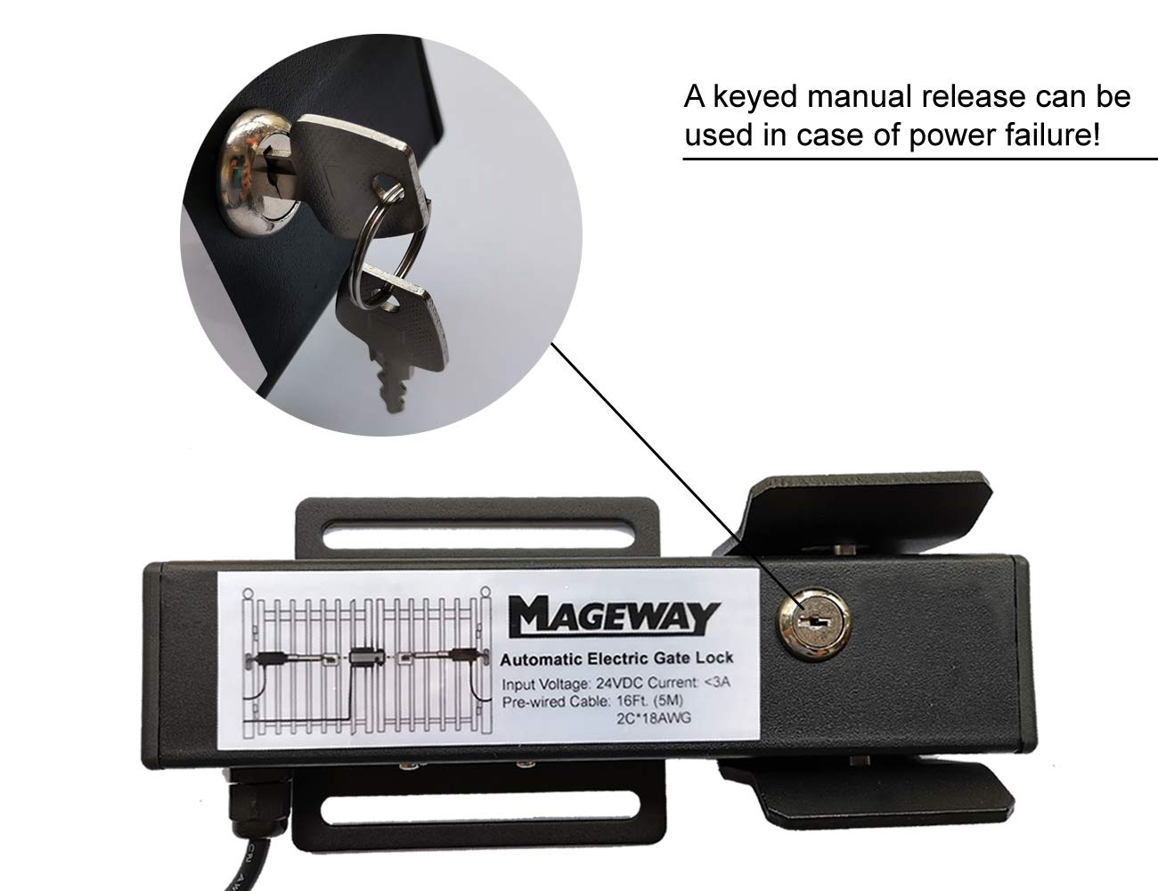 Mageway 24VDC Heavy Duty Automatic Electric Gate Lock for Swing Gate Opener Gate Operator Automatic Gate Openers, Fail Secure Waterproof Solenoid