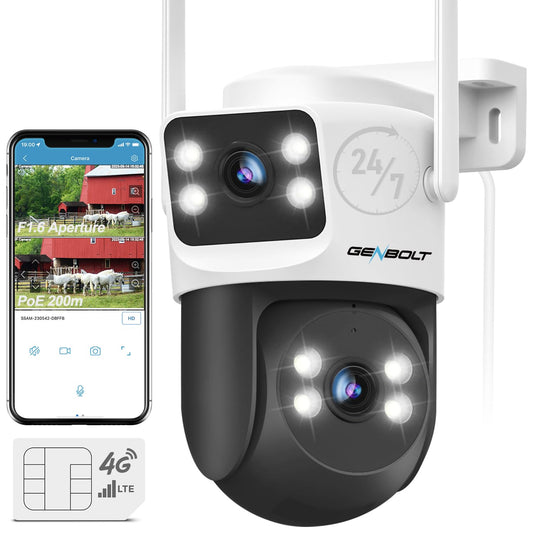 GENBOLT 4G LTE Cellular Security Camera Outdoor No WiFi, Dual Lens PoE Surveillance Camera CCTV with Sim Card, 24/7 Recording Plug in Wired IP Cam