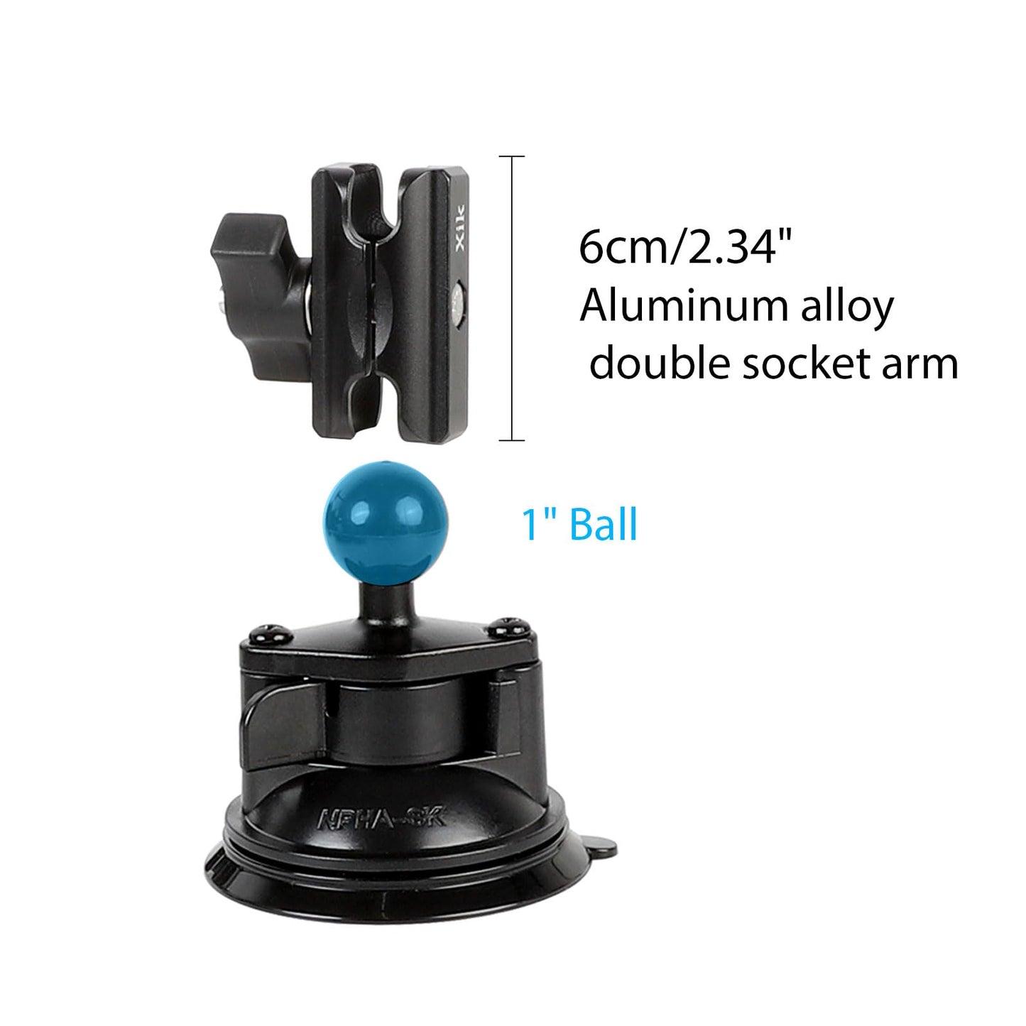 xik 1" Ball Suction Cup Base Mount with 2.36" Double Socket Arm for Phone Tablet Action Cam Mount, 3.5" Large Suction Cup Base for Windshield, Fits