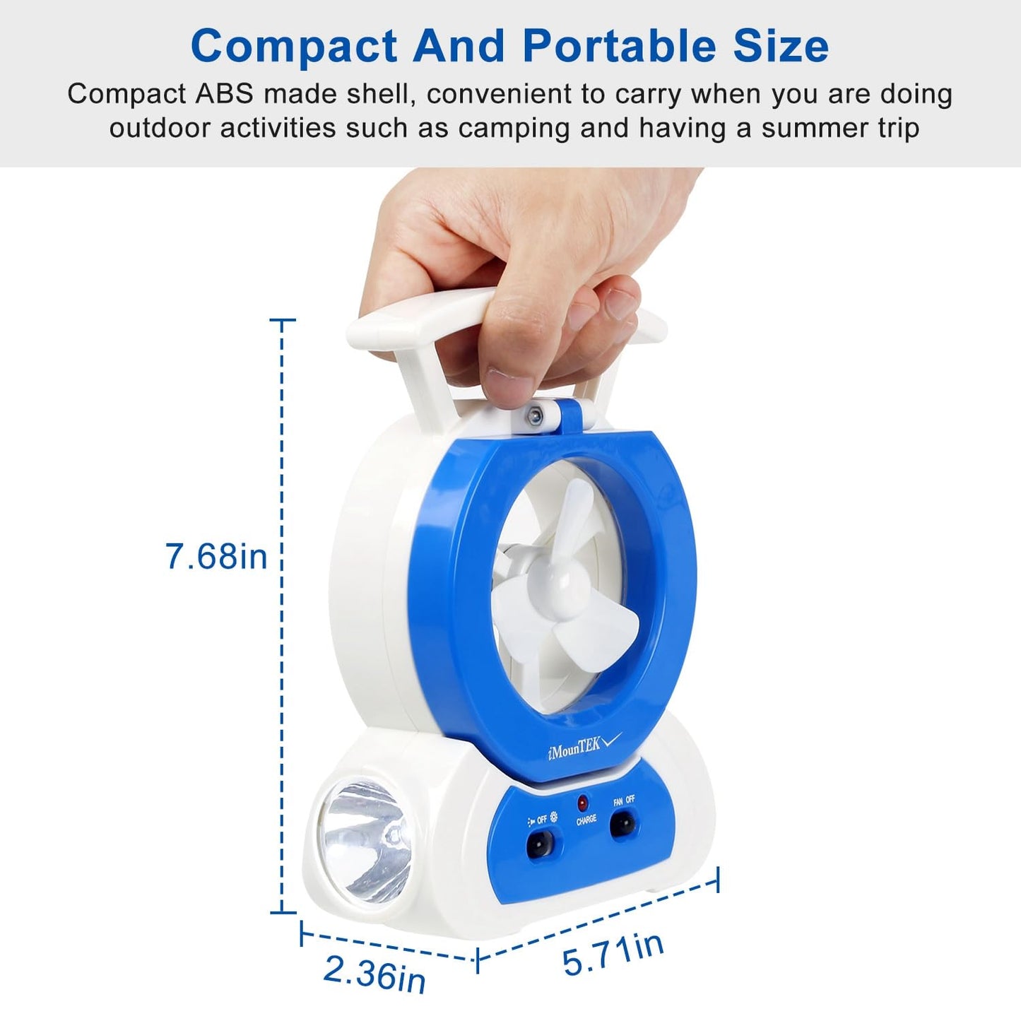 KOCASO Desk Cooling Fan w/180°Adjustable LED Lamp Baby Stroller Fan Emergency Flashlight Torch for Household Camping Traveling,Blue