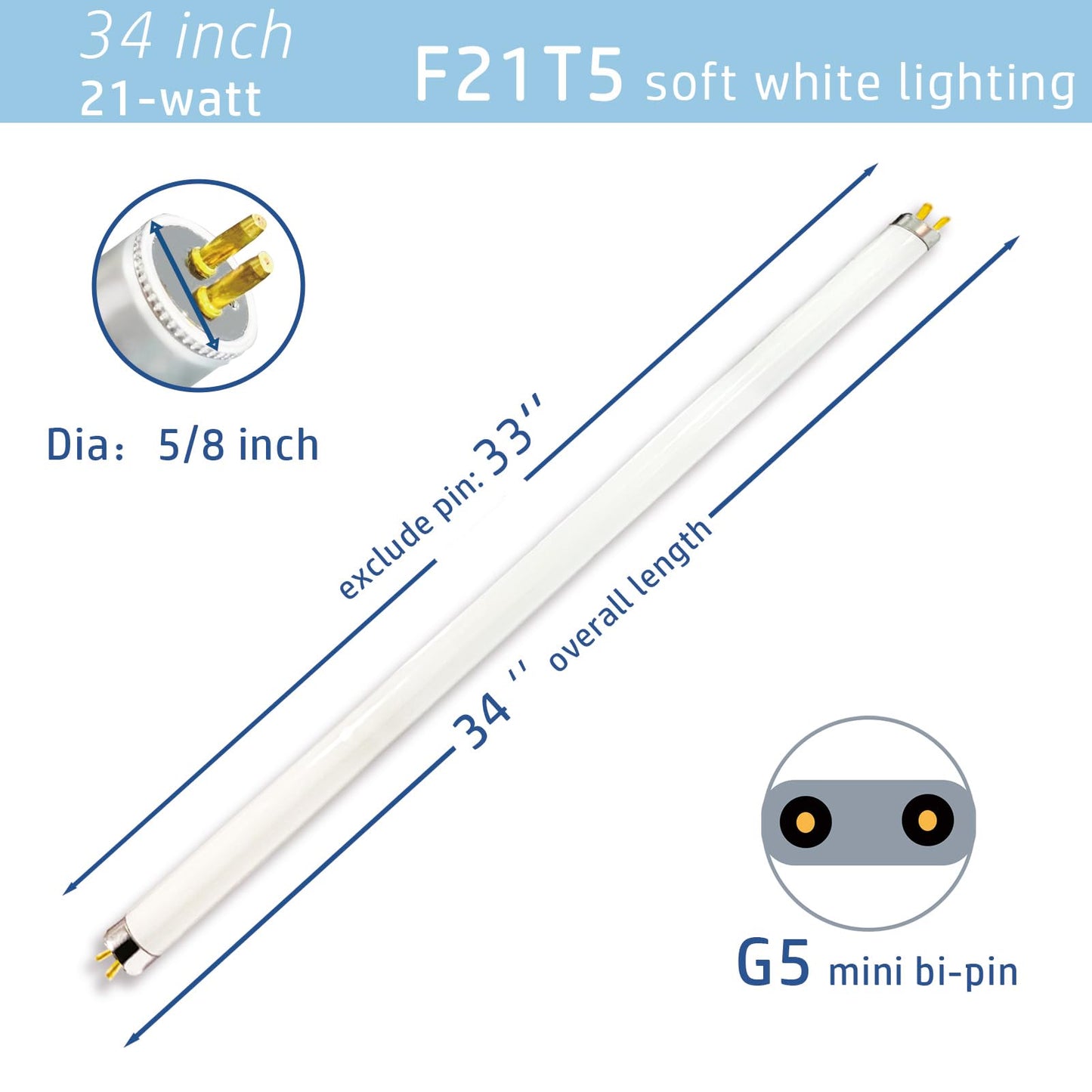 Accway 6pack F21T5/830 21Watt 34 inch Fluorescent Light Bulb, T5 3000K Soft White Linear Tube, F21T5/21W/830 Warm White Replacement for Under Counter
