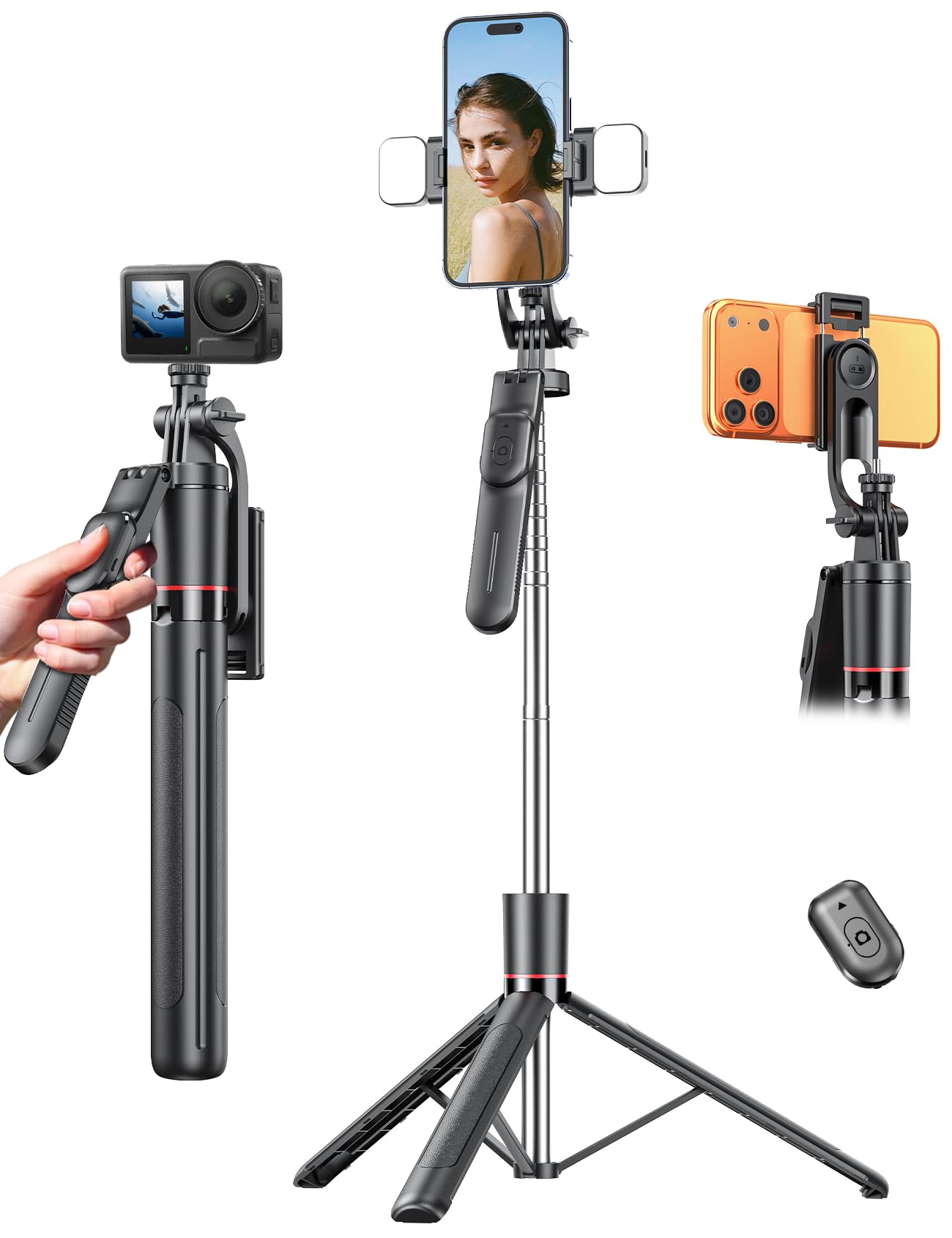 67’’ Selfie Stick Tripod with Light, Basic Phone Stand for iPhone & Samsung, All-in-One Extendable Tripod with Remote, 360° Rotation Handle, Portable