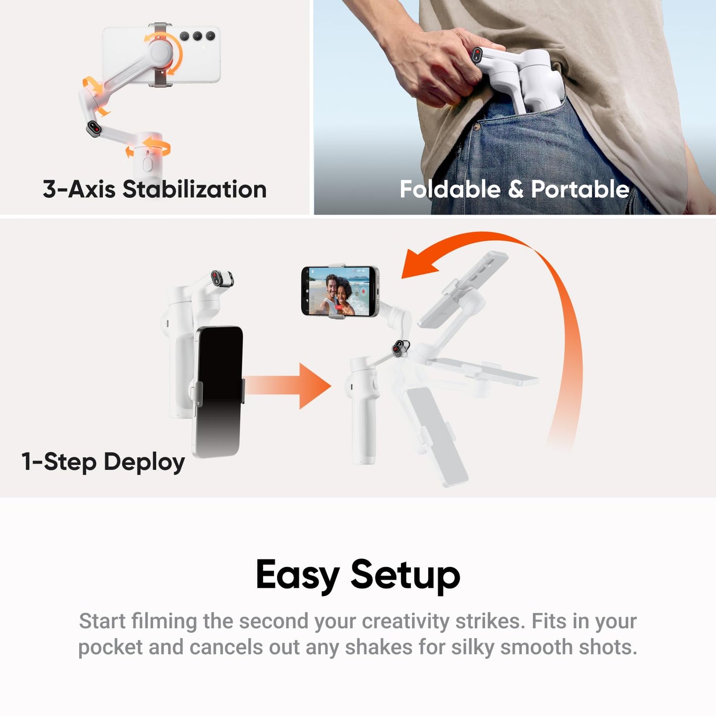 Insta360 Flow 2 White - Foldable AI Gimbal for iPhone, AI Tracking, Multi-Person Tracking, Built-in Tripod/Selfie Stick, Remote Control