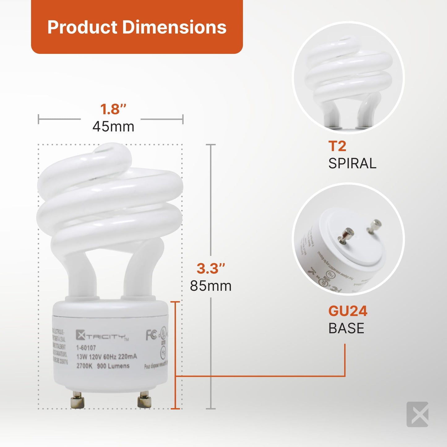 Xtricity Compact Fluorescent GU24 2 Prong Light Bulb Base, T2 Mini Spiral, 13W (60 Watt Equivalent), 2700k Soft White, 900 Lumens, CFL, 120V, UL