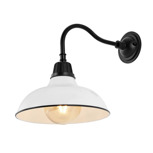 JONATHAN Y 12.25" White/Black Farmhouse Industrial Outdoor Sconce, LED Gooseneck Wall Light for Porch, Metal Bowl Shade, Dimmable Vintage Exterior