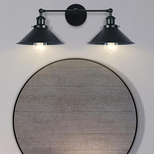 PUUPA 2 Lights Bathroom Vanity Light Fixture, Industrial Pipe Vintage Matte Black Metal Shade Farmhouse Wall Sconces Lighting