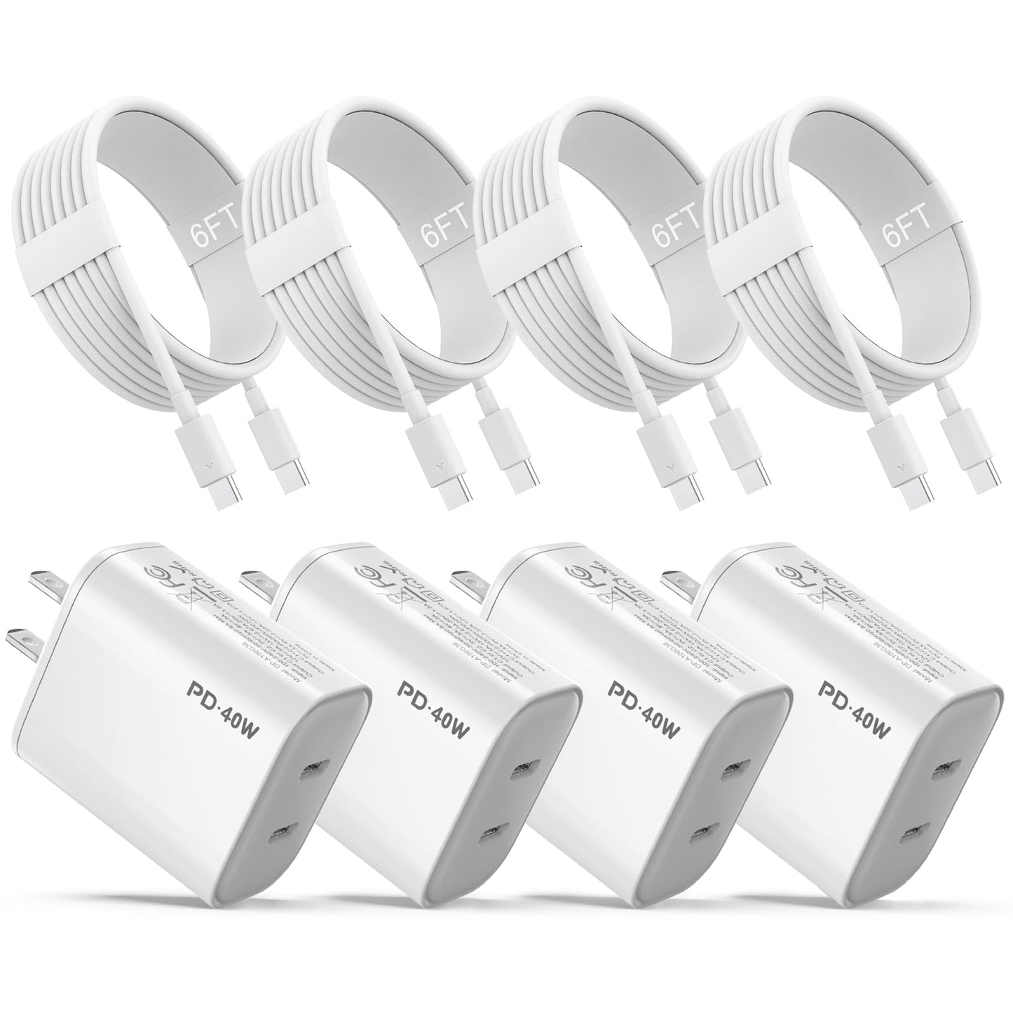 iPhone 17 16 15 Charger, 4 Pack 40W USB C Charger Dual Port Fast Charging Block (4-Pack 6 ft USB C to C Cable Cord Included) for iPhone 17 16 15 Pro