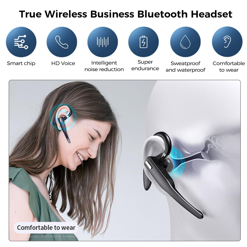 epekops AI Bluetooth Headset Wireless Bluetooth Headphone Earphone Earpiece with Translation, Noise Cancelling, Last 72H, Single-Ear Earbuds