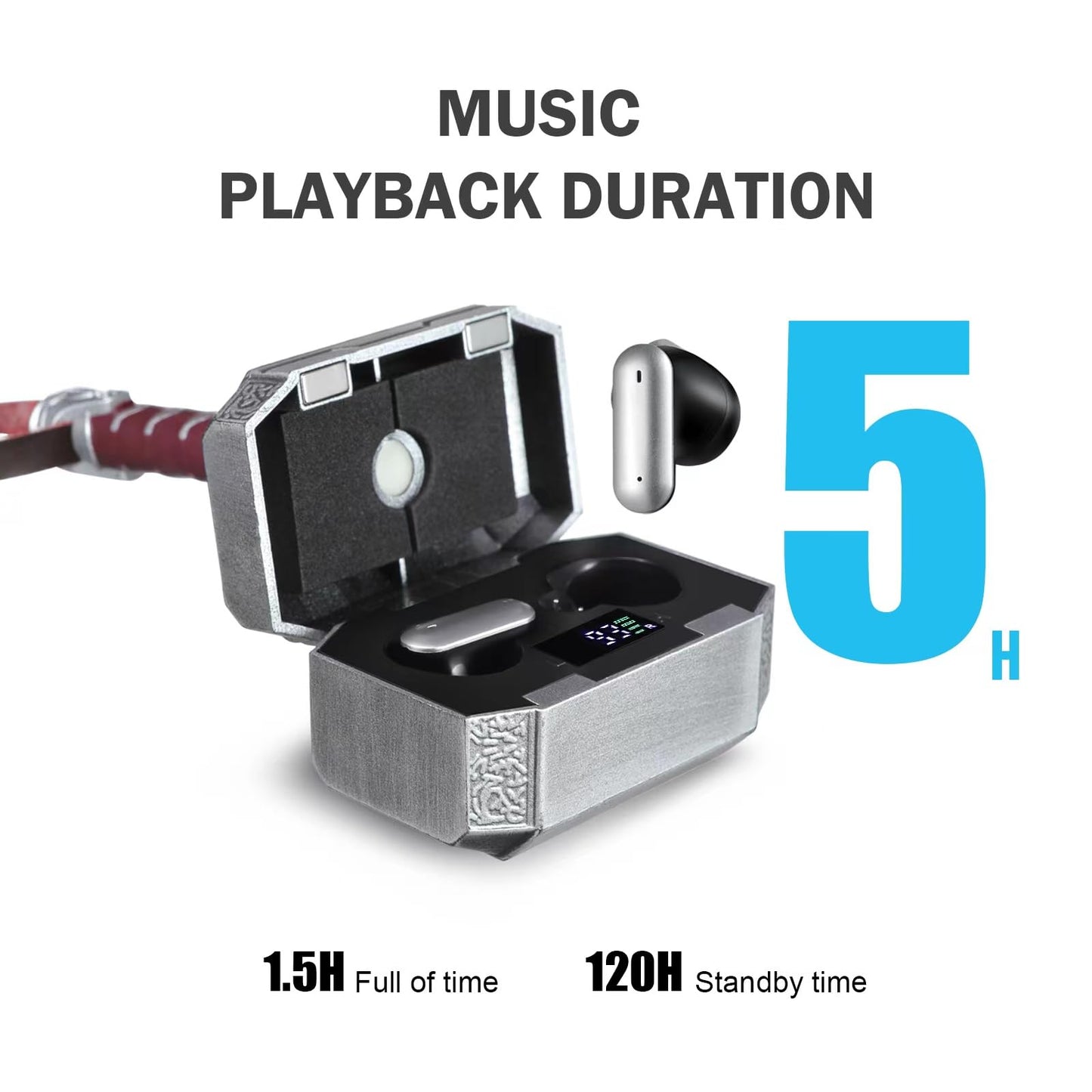 Wireless Earbuds with Thor Hammer Wireless Charging Case,5.3 Bluetooth Ear Buds Light-Weight Headphones,Novelty Gifts for Men