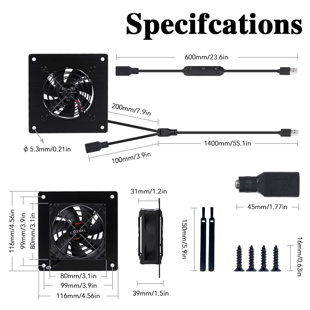 xiaoqijia USB 80MM Cabinet Fan 5V Quiet Cooling Fan DC 12V IPX5 Waterproof Fan System 4" with 10 Speed Control, for Home Theater AV Cabinets