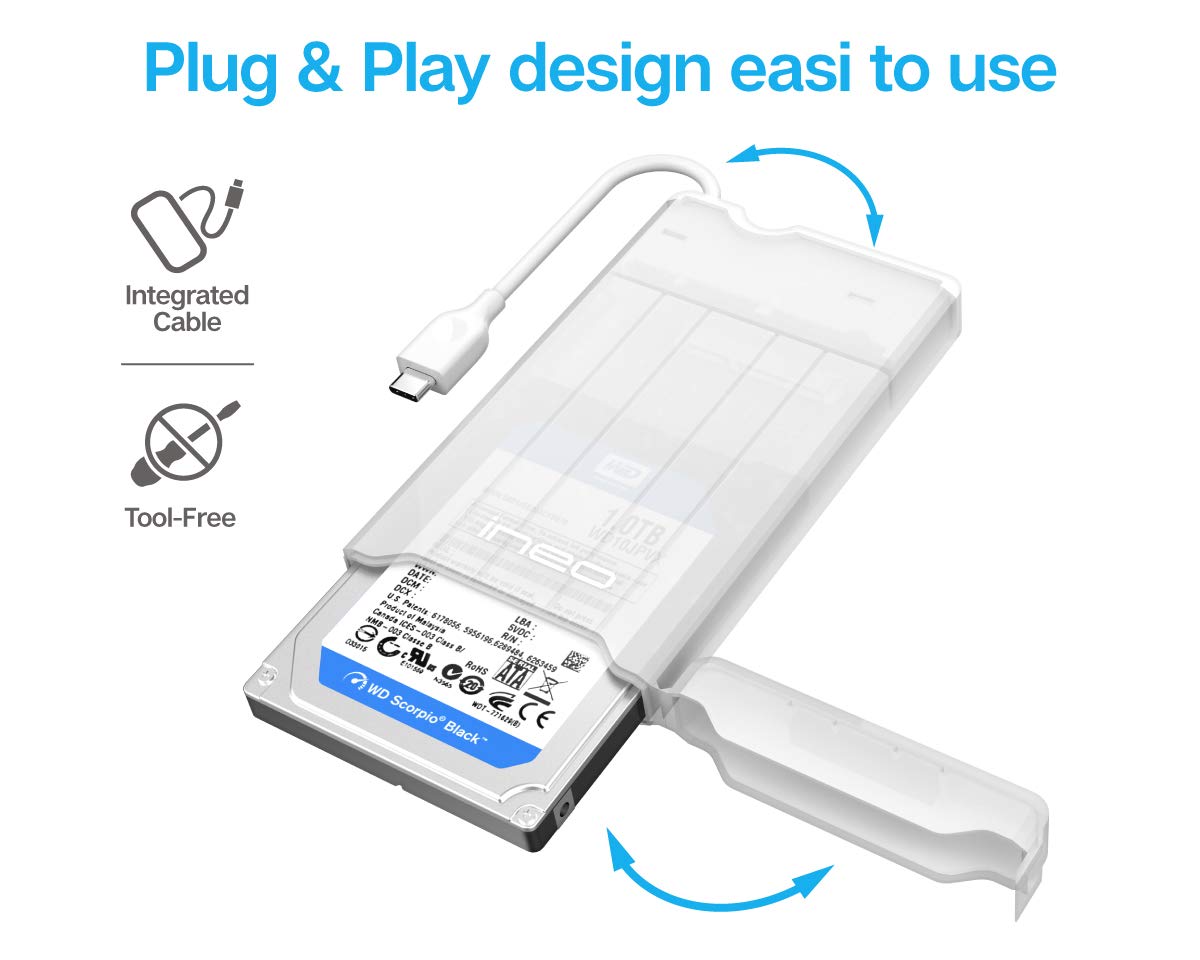 ineo 2.5 inch USB 3.0 Tool-Less External Hard Drive Enclosure for 9.5mm & 7mm SATA HDD SSD with UASP Supported - [T2573] (USB 3.1 Type C - White)