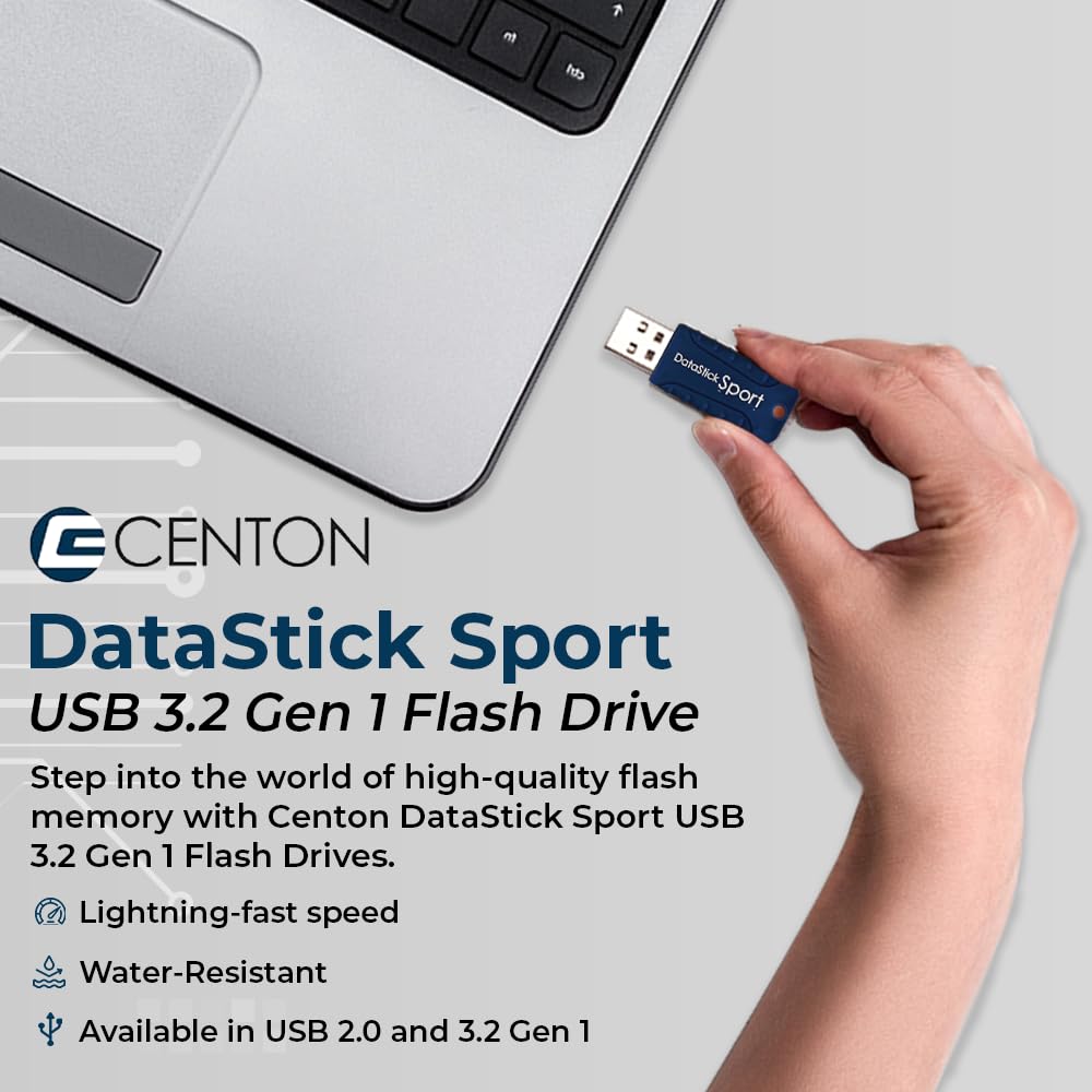 Water Resistant 64GB DataStick Sport by Centon, 5 Pack, USB 3.2 Gen1 Flash Drive Memory Stick for Storage and Backup