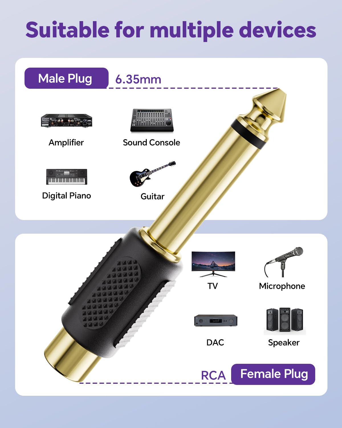VCE RCA to 1/4" Audio Adapter, 6.35mm Mono Plug Male to RCA Female Connectors, Suitable for Speakers, Amps, Home Theater Systems, and Audio Equipment
