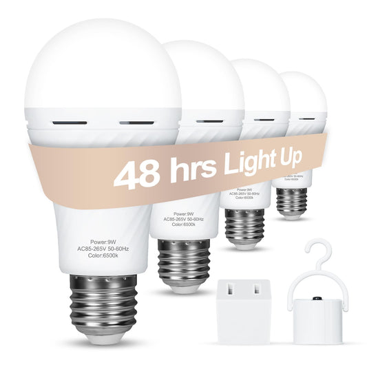 BWKVH 4 Packs Rechargeable Light Bulbs,Emergency Light Bulbs Socket Self-Charging,6500K Battery Powered Light Bulb for Lamps and Wall Sconces, Up