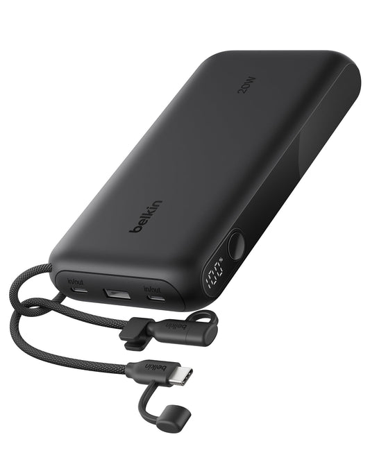 Belkin Portable Charger, USB-C Power Bank 20,000mAh w/ 2X USB-C Ports & 1x A Port, Digital Battery Display, 20W Charging for iPhone 17, Air, Pro