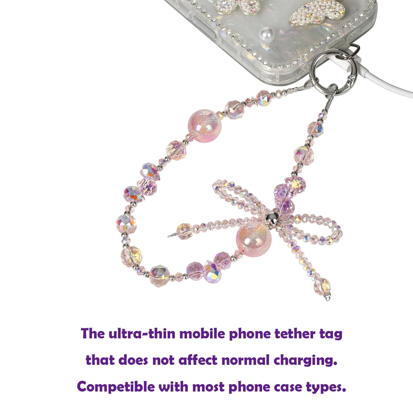 NUANJUYU Handmade Sparkling Crystal Bead Phone Wrist Strap,Beaded Bow - Anti-Drop Strap & 2 Tabs - Women Gift ?Crystal Pink?