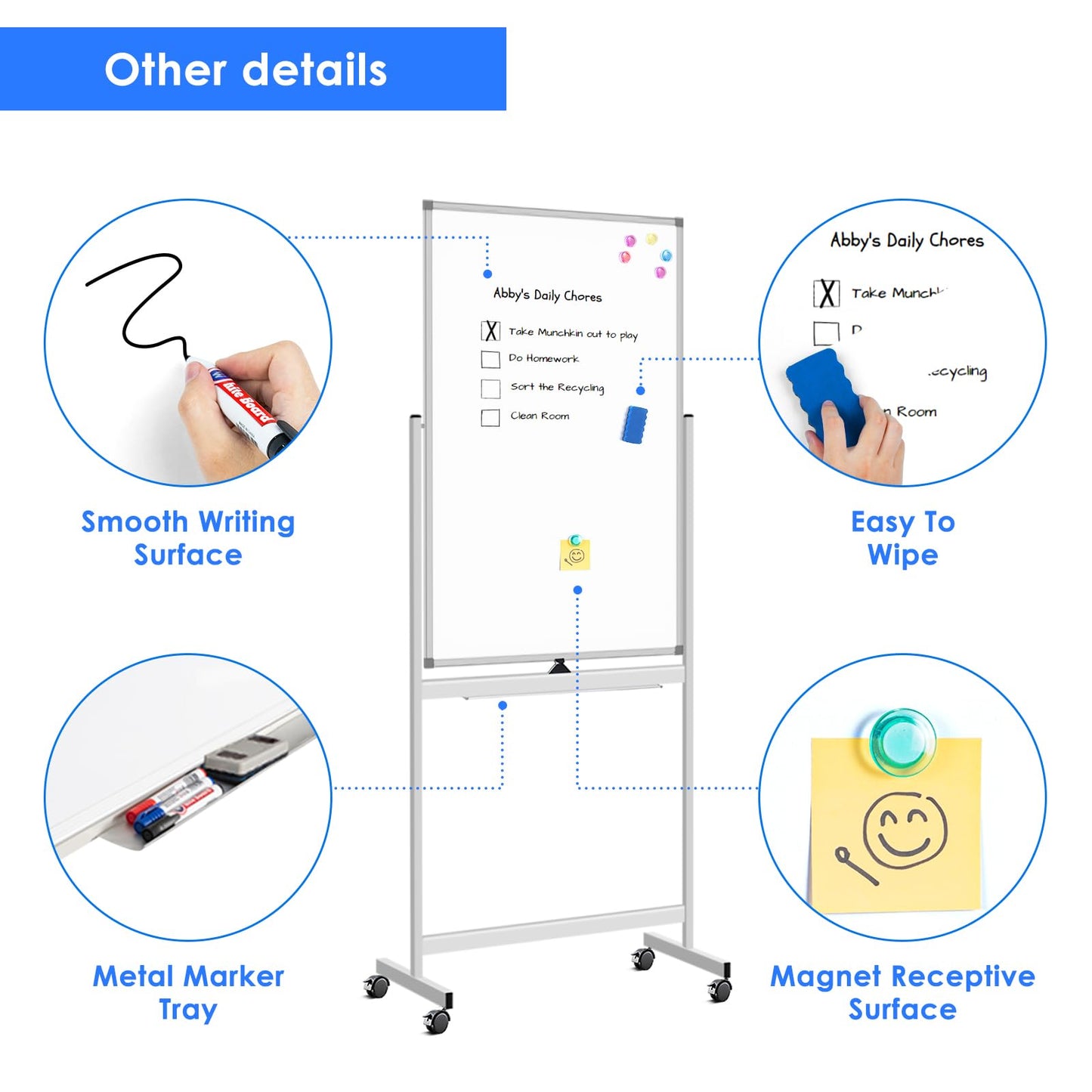 Magnetic Mobile White Board, 40 x 24 Double Sided Dry Erase Board Rolling Whiteboard Aluminum Frame Standing Whiteboard on Wheels