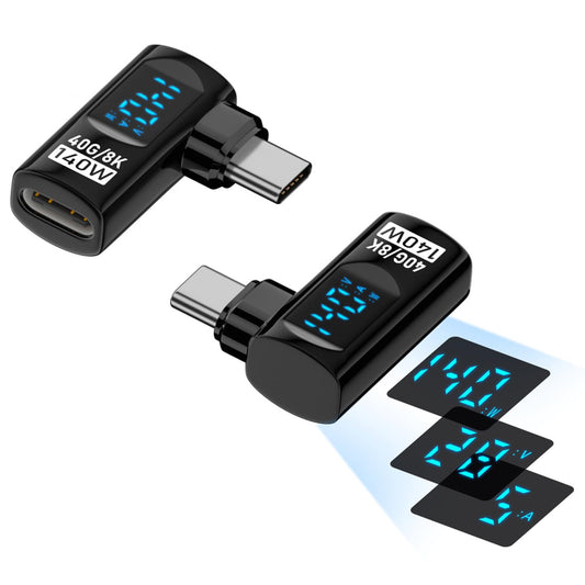 2 Pack USB C Adapter with Digital Display, 140W Right Angle USB-C Male to Female Connector for iPhone 16/15 Series, MacBook, Support Voltage, Current…