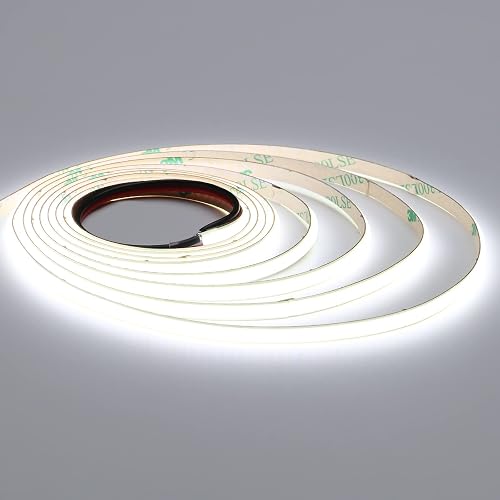 TOPAI 12V Thin 3mm COB LED Strip 6000K Cool White 16.4ft Bright White CRI>90 Uniform Dotless 400LEDs/M Adhesive Flexible Cuttable LED Tape Light