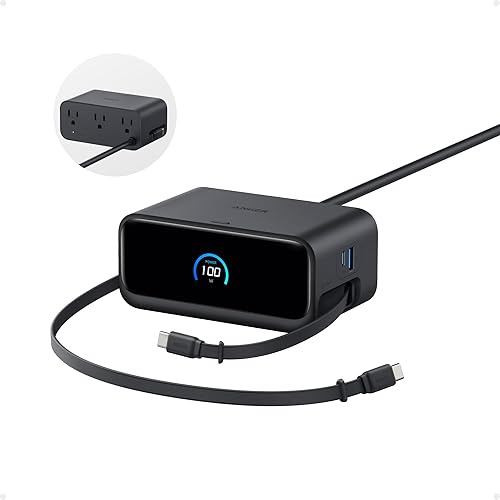 Anker Nano Charging Station, 100W 7-in-1 Power Strip, 2.3ft InstaCord Retractable Cable, Gaming Desk Accessories for Multiple Devices, 3 AC, 3 USB C