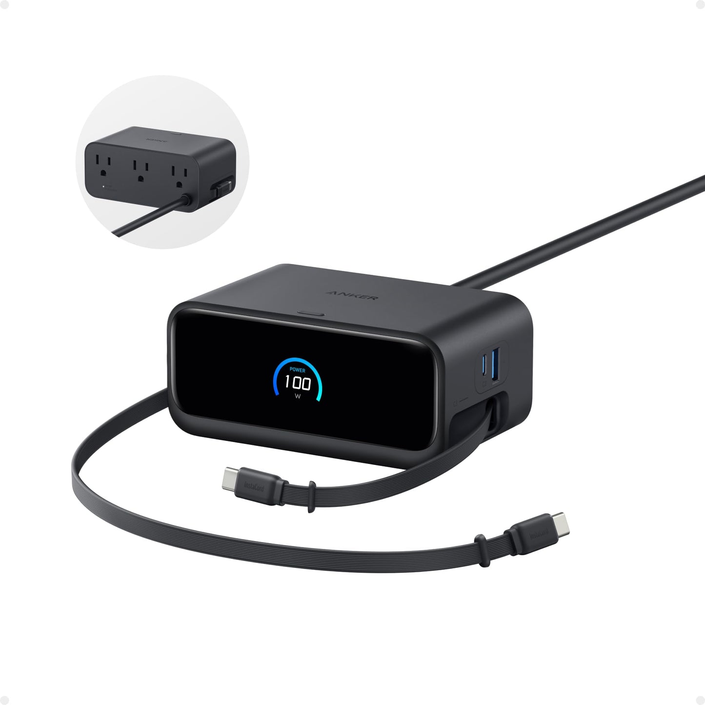 Anker Nano Charging Station, 100W 7-in-1 Power Strip, 2.3ft InstaCord Retractable Cable, Gaming Desk Accessories for Multiple Devices, 3 AC, 3 USB C