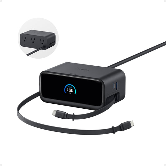 Anker Nano Charging Station, 100W 7-in-1 Power Strip, 2.3ft InstaCord Retractable Cable, Gaming Desk Accessories for Multiple Devices, 3 AC, 3 USB C