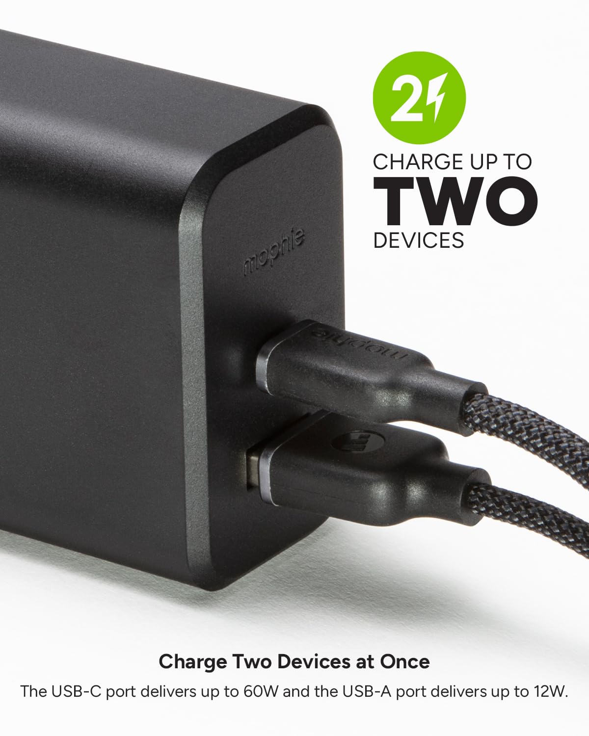 Mophie GaN 60W USB C Charger Block with USB A Port - Fast Wall Charger for iPhone, iPad, Google Pixel, Samsung Galaxy, MacBook Pro, Laptops, and More