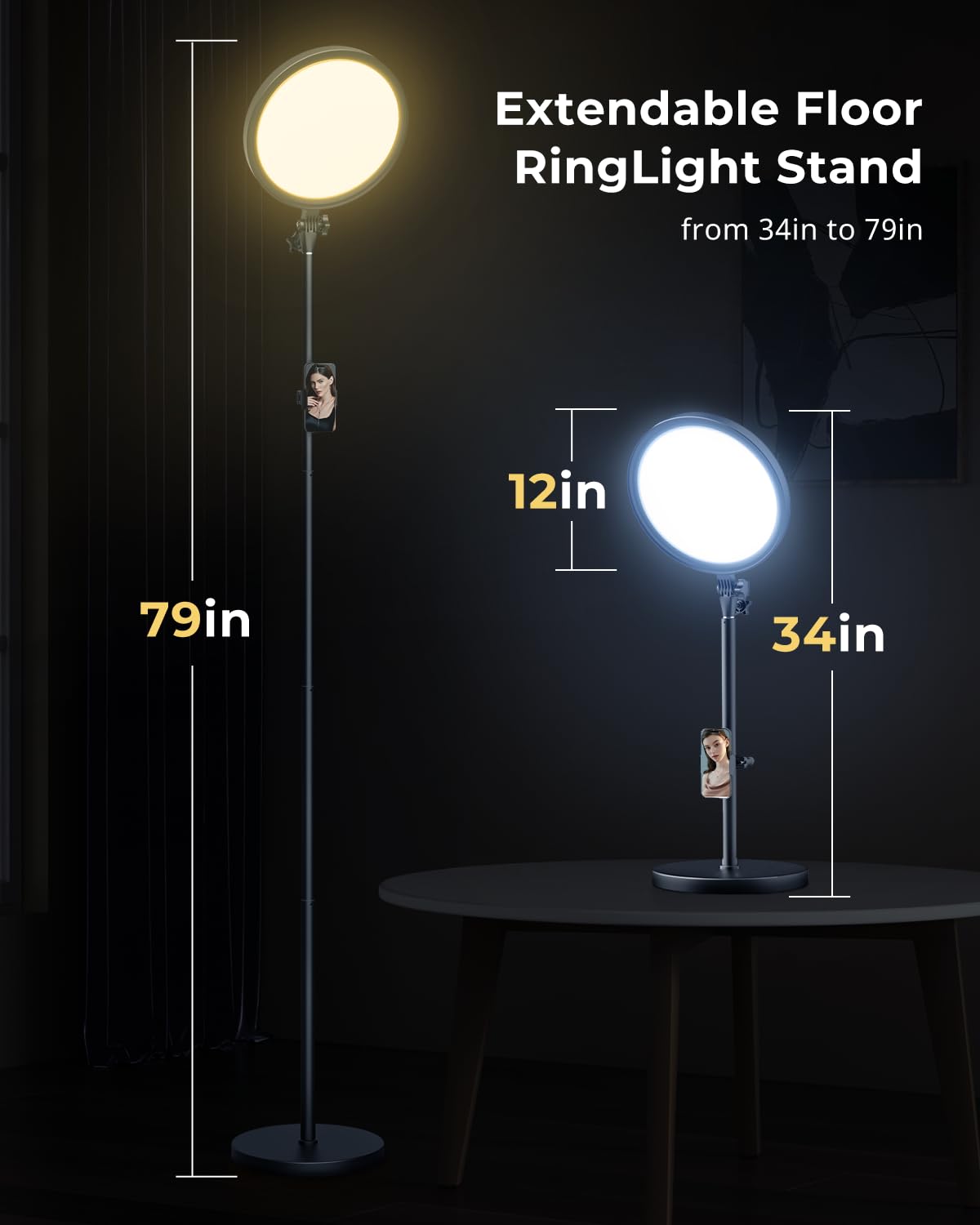 Aureday 12” Ring Light with Stand and Phone Holder, 79” Tall LED Circle Light with Weighted Base & Remote, Dimmable Floor Lamp for Video Recording