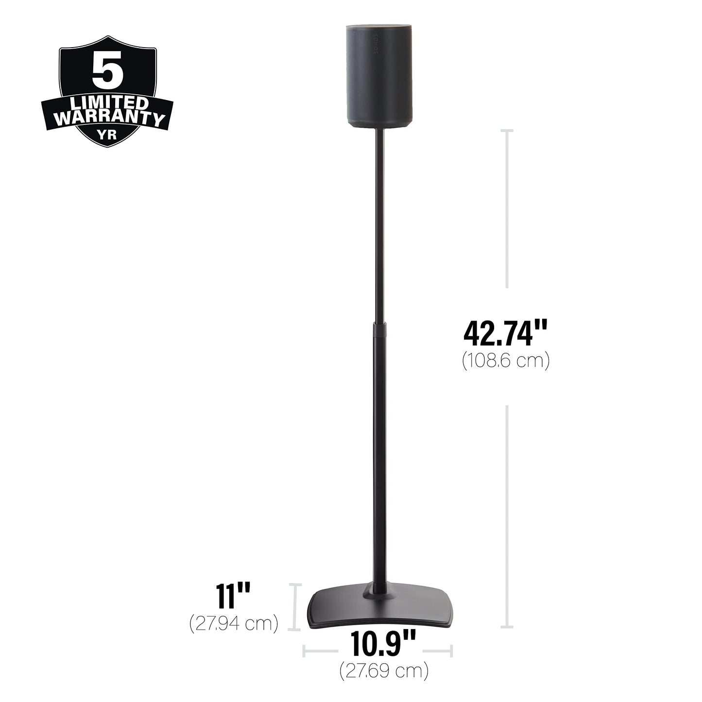 Sanus Speaker Stand for Sonos Era 100 Speakers - Height Adjustable Single Stand w/Easy 3 Step Install - Includes Rubber Feet & Carpet Spikes - Black